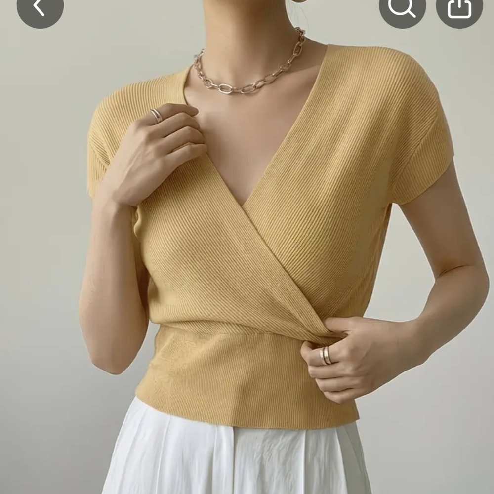 Women's Mustard Wrap Ribbed Knit Top
